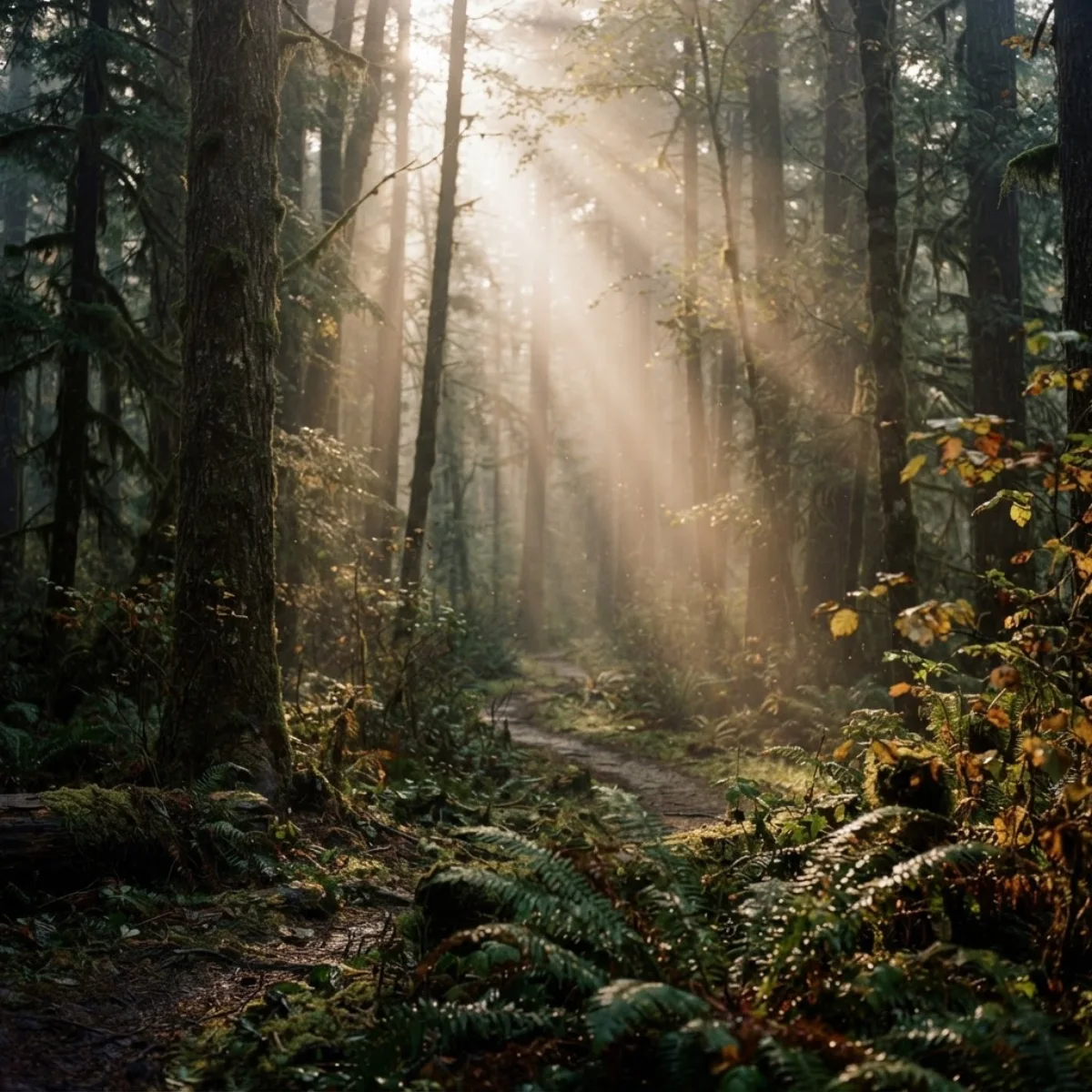 Soft morning light filtering through a misty forest